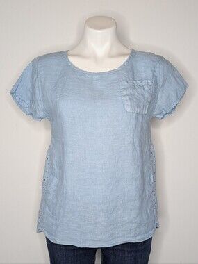 Viola Borghi Blue Eyelet Lace Short Sleeve Linen Top S